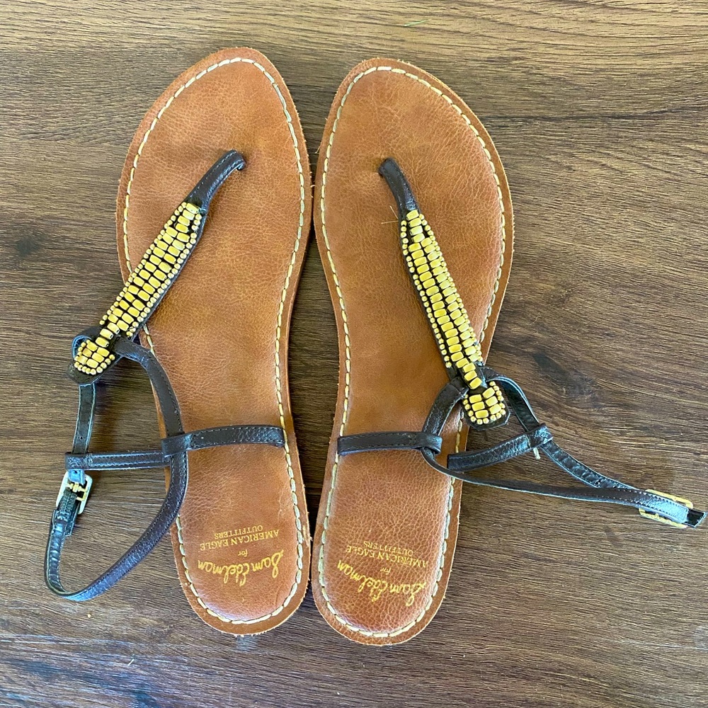 American Eagle Brown Leather Strap Flip Flops with Gold Beading